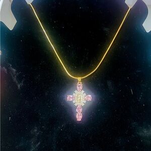 Gold Cross Pendant Necklace with Pink Gemstones